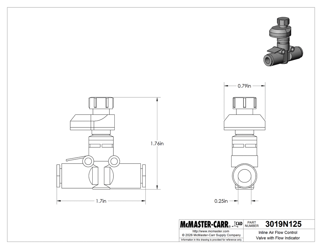 Technical Drawing of Inline Air Flow Control Valve with Flow Indicator, 1/4" Push-to-Connect Female Inlet x Outlet, 0.08 Cv.